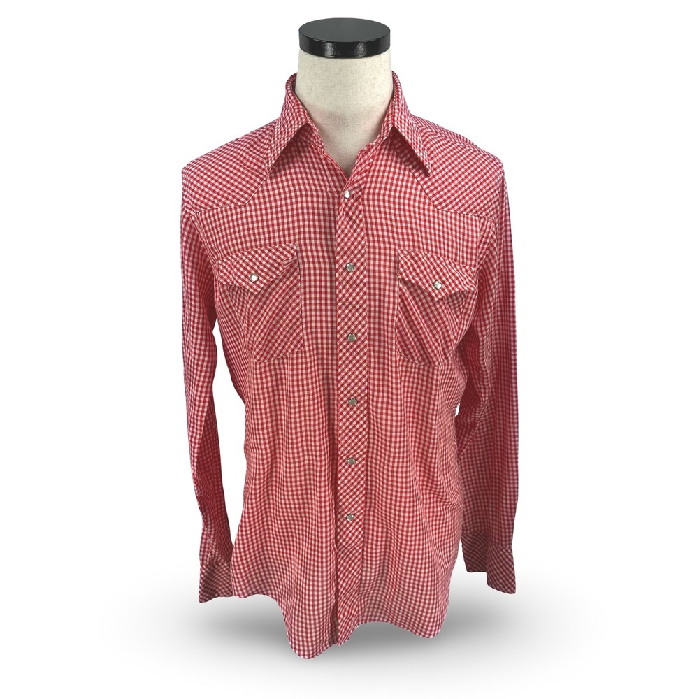 Vintage 70s JCPenney Mens Red Gingham Pearl Snap Western Shirt 16 Disco Dagger